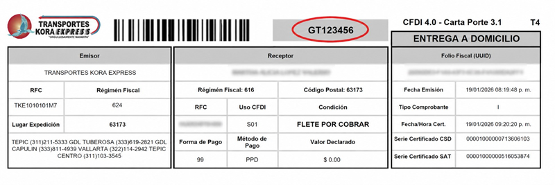 Ubicación del número de guía en el comprobante